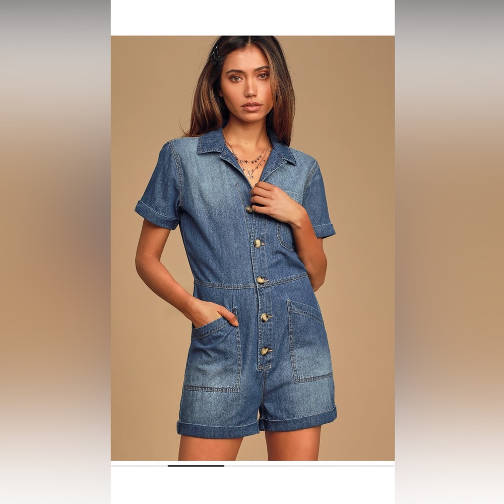 Talk to Me Medium Wash Denim Short Sleeve Button-Up Romper